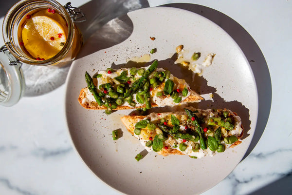 Burrata Toast with Olive Oil Cured Lemon and Asparagus