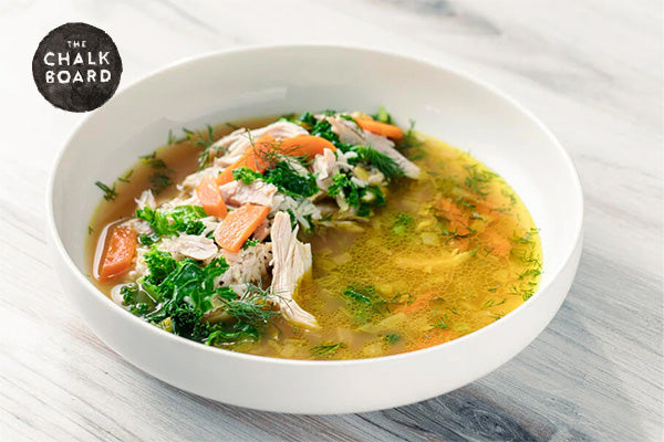 Chicken and Rice Soup with Yuzu Citrus Olive Oil Recipe Featured on The Chalk Board