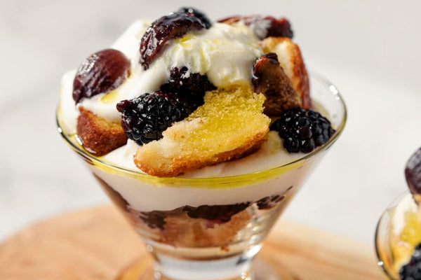 Fig and Blackberry Pudding with Yuzu Citrus Olive Oil Whipped Cream