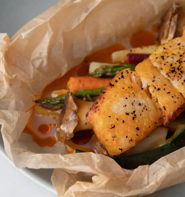 Halibut en Papillote with Calabrian Chili Olive Oil