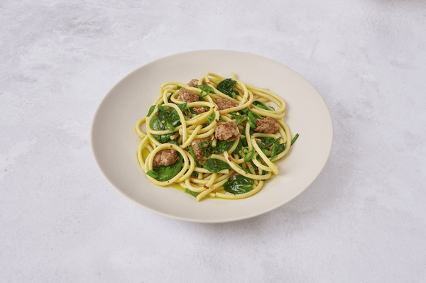 Bucatini with Fennel Pork Sausage, Greens and Lemongrass & Basil Olive Oil