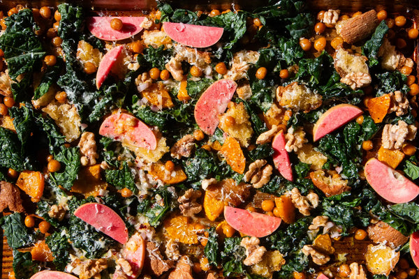 Warm Sheet Pan Salad with Honey Nut Squash, Dino Kale & Shallot Maple Vinaigrette
