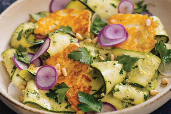 Zucchini Pesto Salad with Pan-Seared Halloumi
